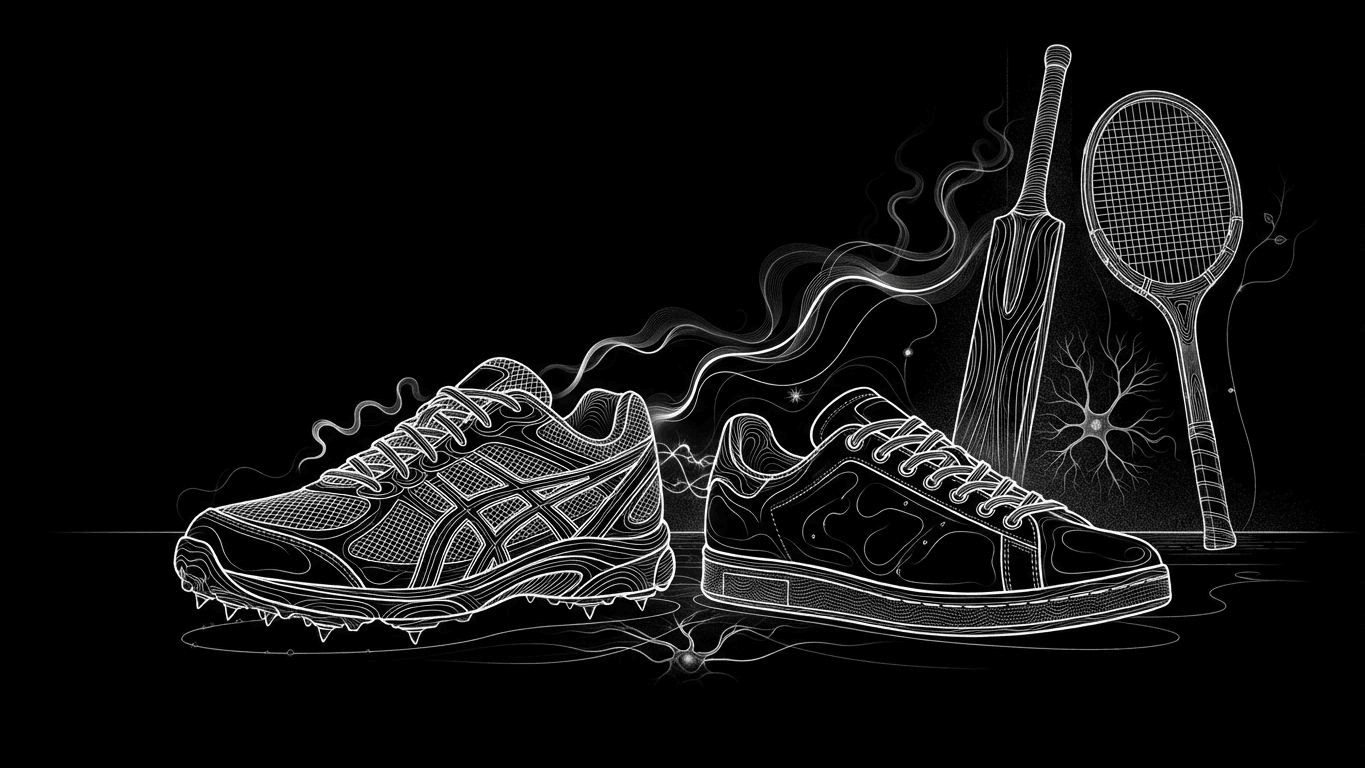 A spiked cricket shoe and a vintage tennis sneaker resting near a cricket bat and tennis racket.
