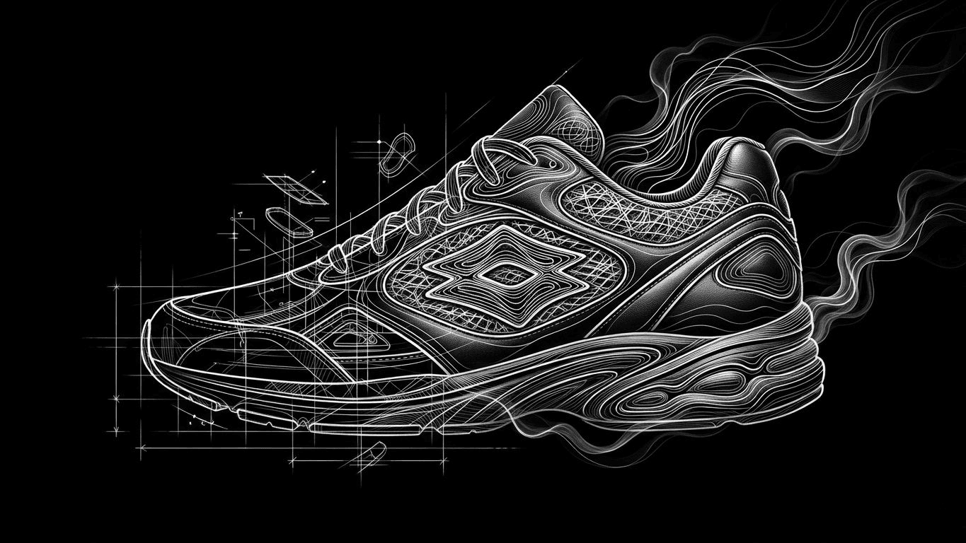 Performance sports shoe showing a transition from a design blueprint to a finished product.